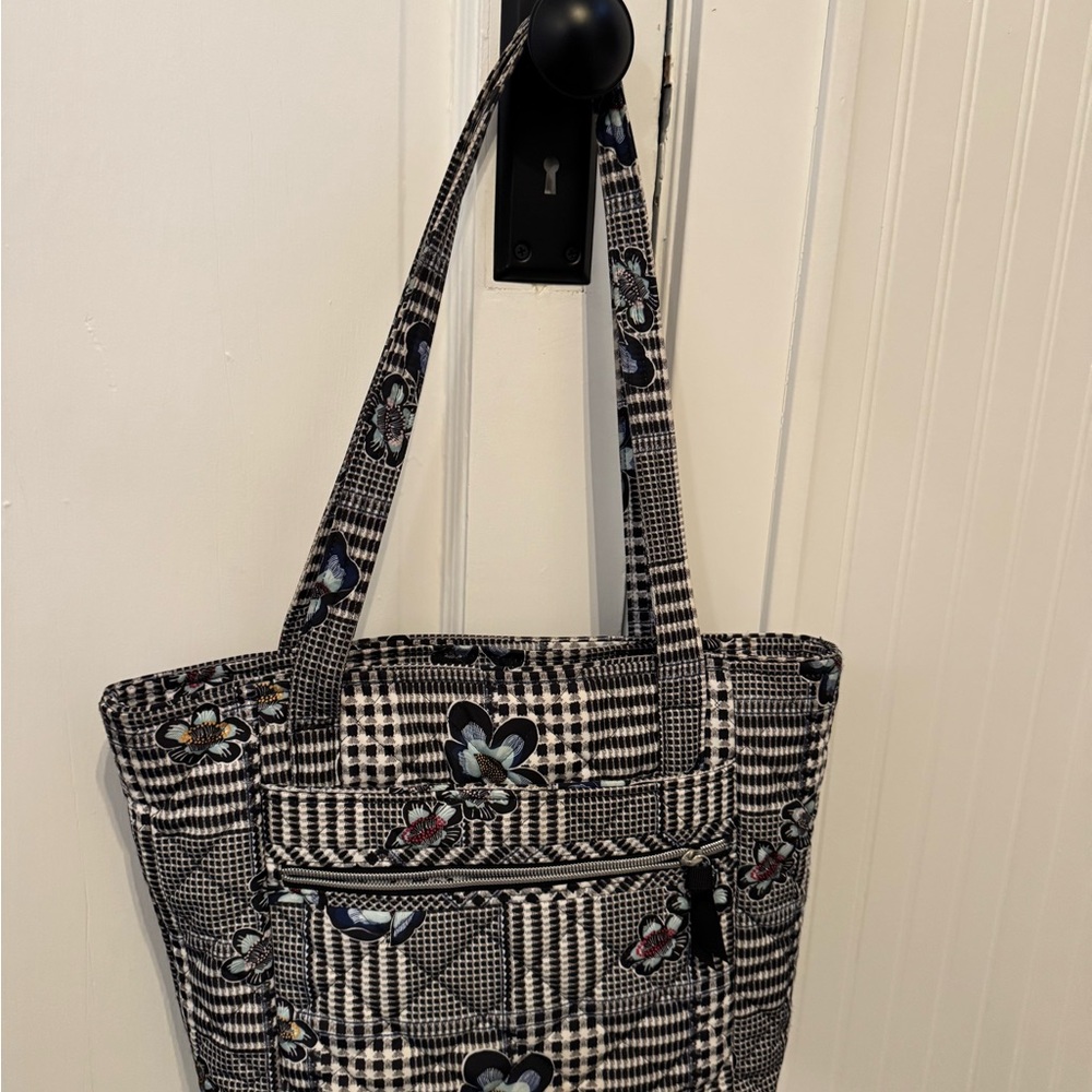 Vera Bradley Black and White Checkered Tote with Floral Accents
